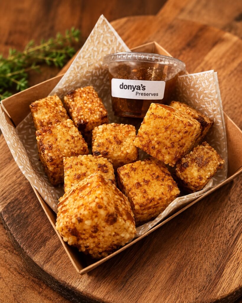 Dadinhos de tapioca: crispy tapioca and cheese bites with sweet and spicy apple chutney